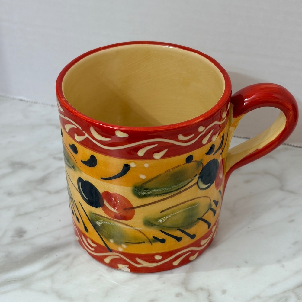 Pier 1 Imports Spain Hand Painted Olive Mug Yellow Red Ceramic Coffee Cup. READ
